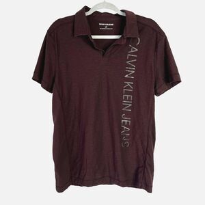 Calvin Klein Jeans Men’s Size Large Maroon Cotton Polo Shirt Open V Neck